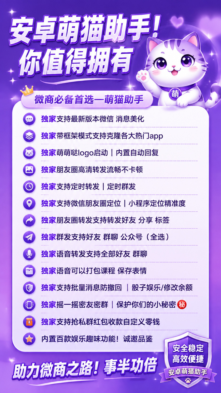萌猫助手年卡 新品安卓微信分身 一键转发
